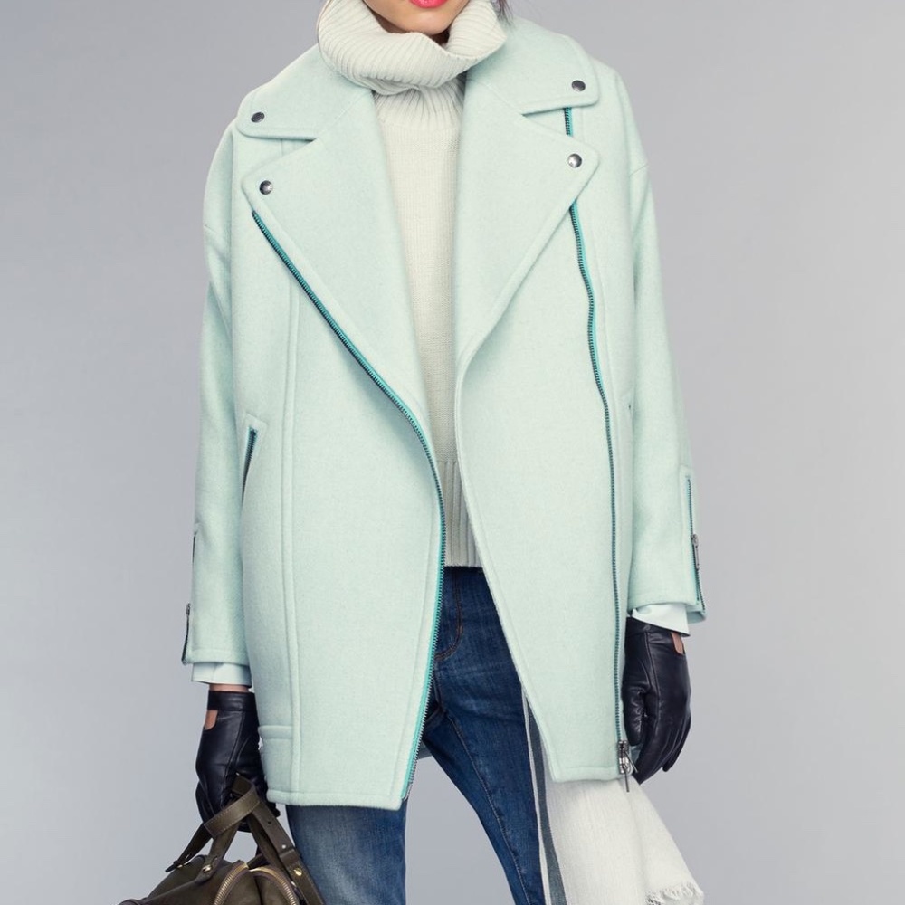 Wool moto cocoon coat - pale teal